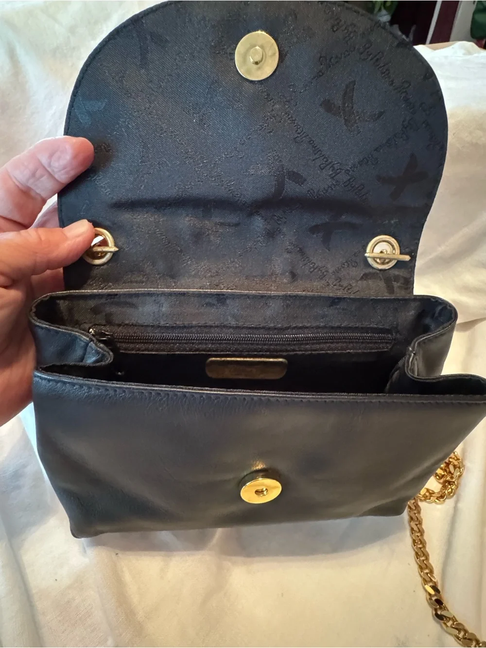 Paloma Picasso Black Leather Crossbody with Gold Chain